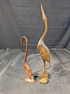 Hand-Carved Wooden Bird Sculpture with Leaf-Pattern Wings on Twisted Stem Base
