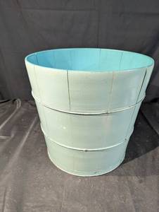 Antique Blue Painted Wooden Wash Tub with Metal Bands - Farmhouse Decor Bucket