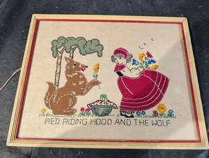 Framed Cross-Stitch Textile - Red Riding Hood and the Wolf