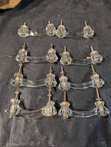 Vintage Clear Glass Cabinet Pulls - Curved Rails & Crystal End Caps (Lot of 8)