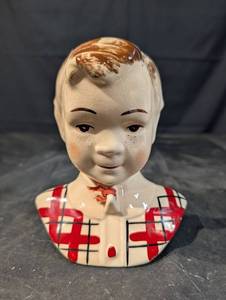 Ceramic Head Bust with Craquelure Glaze and Bold Geometric Chest Pattern