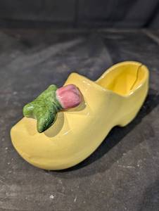 Yellow Ceramic Shoe Vase with Pink Flower and Green Leaf Accent
