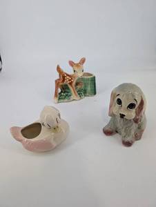 Assorted Ceramic Animal Figurine planters - Deer Fawn with Planter, Dog & Duck planters