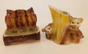 Bear & Owl Log Ceramic Planters - Vintage Wildlife Figurines
