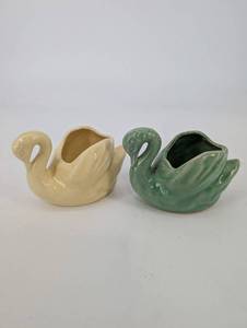 Pair Of Swan-Shaped Ceramic Vases - Green & Cream Glaze - Unmarked