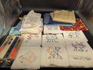 Vintage Embroidered Linen Napkins & Tea Towels Assortment - Floral & Figurative Motifs
