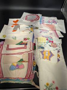 Assorted Floral Embroidered Linen Napkins & Table Linens with Crochet Trim
