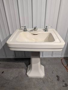 Pedestal Bathroom Sink with Chrome Dual-Handle Faucets - 32-Inch Tall