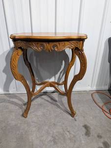 Ornate Carved Wood Side Table with Leaf Scroll Motifs & Cabriole Legs