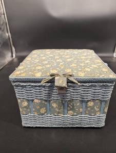 Vintage Floral Sewing Box with Thread Spools, Pattern Cards & Notions