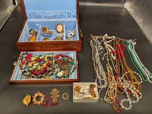 Vintage Jewelry Box Lot - Brooches, Beads & Necklaces