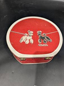 Assorted Doll Clothes & Accessories in Round Red Tin Box