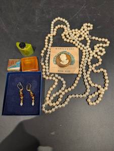 Assorted Vintage Jewelry - Pearl Bead Necklace, Myrtlewood Cameo Pendant & Amber Drop Earrings