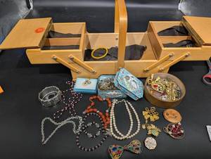 Wooden Jewelry Display Box - Assorted Costume Jewelry Mixed