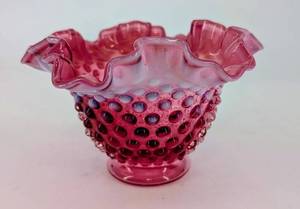 Pink Hobnail Glass Vase with Ruffled Rim