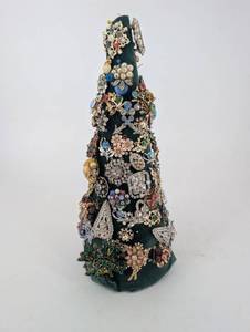 Bejeweled Velvet Cone Sculpture Covered in Vintage Brooches and Crystals