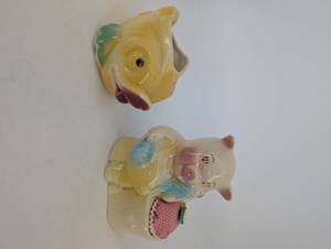 Pair of Ceramic Pig Figurines - Yellow Pig and Multicolor Pig with Pink Scarf