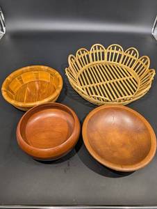Assorted Wooden Bowls & Woven Basket (Lot of 4)
