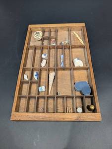 Assorted Porcelain & Seashell Miniatures in Wooden Compartment Tray