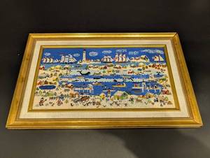 Needlepoint Tapestry - Coastal Harbor Scene with Lighthouse in Gold Frame