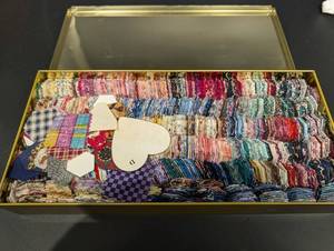 Assorted Quilt Fabric Swatches in Yellow Tin Box - Patchwork Squares and Pattern Templates