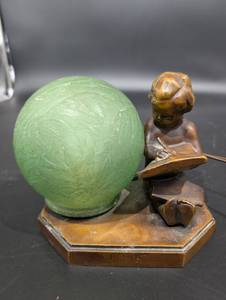 Antique Bronze Tone Reading Figure Lamp with Textured Green Sphere Ball on Octagonal Base