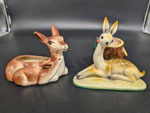 Pair of Vintage Ceramic Deer Planters - Hand Painted Hollow Figures