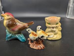 Assorted Vintage Hand-Painted Ceramic Bird & Cat Figurines (Lot of 5)