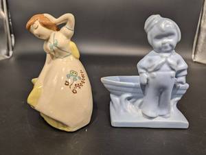 Two Ceramic Figurines - Floral Dress Girl & Pale Blue Child (Lot of 2)