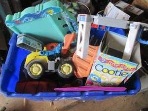Tote of assorted childrens toys, g...