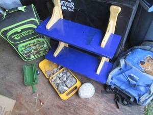 Kids luggage, wall shelf, rock coll...