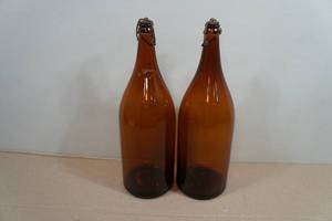 2 Vintage Brown Glass Bottles with Wire Hinge Lids