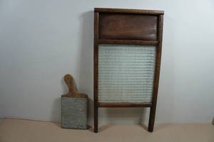 Antique Wood & Glass Washboard with Small Metal & Wood Washboard