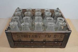 Antique Wooden Milk Crate from Sanitary Farm Dairies with Glass Milk Bottles