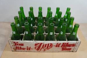 Antique 7Up Wooden Crate with Green Glass Bottles