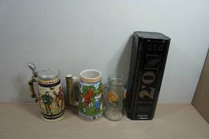 Beer Steins, Vintage Packers Mug and Whiskey Tin