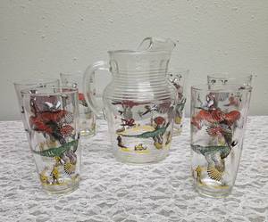 Hazel-Atlas Glass Company Pitcher and 6 Glasses. These glasses feature the Pheasants pattern, produced roughly 1950s.&nbsp&nbsp