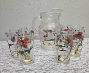 Hazel-Atlas Glass Company Pitcher with 8 Glasses.  These glasses feature the  Pheasants pattern, produced roughly 1950s.&nbsp&nbsp