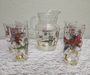 Hazel-Atlas Glass Company Pitcher and 6 Glasses. These glasses feature the Pheasants pattern, produced roughly 1950s.&nbsp