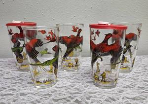 Hazel-Atlas. Five Vintage Mid-Century Glass Cocktail Shaker Drink Mixer Glasses with  2 plastic lids. Set features the Pheasant Birds.