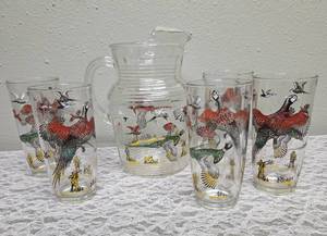 Hazel-Atlas Pitcher and 5 glasses.  Glassware is likely produced by the Hazel-Atlas Glass Company and  features the Pheasants pattern, produced roughly 1950s.&nbsp&nbsp