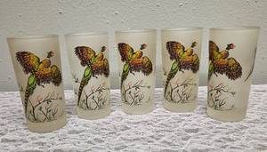 Five Vintage (1950s-1960s) frosted glasses featuring pheasants often associated with manufacturers like Hazel Atlas or Federal Glass.