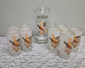 Eight West Virginia Glass Company Vintage pheasant  Game Bird frosted glasses and clear glass pitcher  from the 1950's.&nbsp;&nbsp;