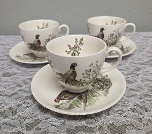 3 teacups with saucers (1953-1976) from the Game Birds series featuring a pheasant design and&nbsp Features hand-engraved style illustrations of game birds. Manufactured by the Johnson Brothers, crafted in England.&nbsp