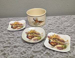 Two Royal Adderley Floral Bone China Game Bird Teabag Caddy Plates. One Vintage Pheasant Game Bird collector plate and One&nbsp Vintage Collectible Kitchen container or canister produced by  SWETYE Co,  Salem OH.&nbsp