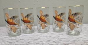 Five West Virginia Glass Specialty Company Vintage Pheasant Glasses (1970s)with decorative gold embellishments.&nbsp&nbsp
