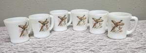 Six Vintage Anchor Hocking Fire-King milk glass mugs featuring the Ring-Necked Pheasant pattern.  These mugs were produced primarily between 1959-1962.