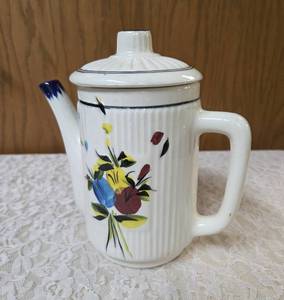 Vintage White Mid-Century Modern aesthetic Scandinavian -inspired folk art Coffee Pot
