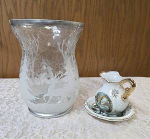 Vintage crackle glass hurricane vase or candle holder made to be used as a decorative vase.  Currier and Ives small pitcher and bowl.&nbsp SMALL PICHTER &amp BOWL ARE FROM THE VICTORIAN ERA