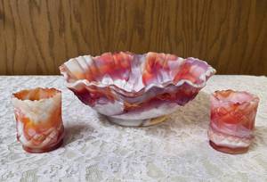 Vintage Slag Glass set featuring a ruffled, scalloped-edge bowl and two matching smaller cups or votive holders, produced by the Imperial Glass Company likely between 1951-1972.&nbsp&nbsp
